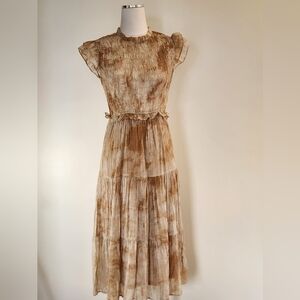 || MOON RIVER || dress, smocking, tiered, size small, gray/tan, midi